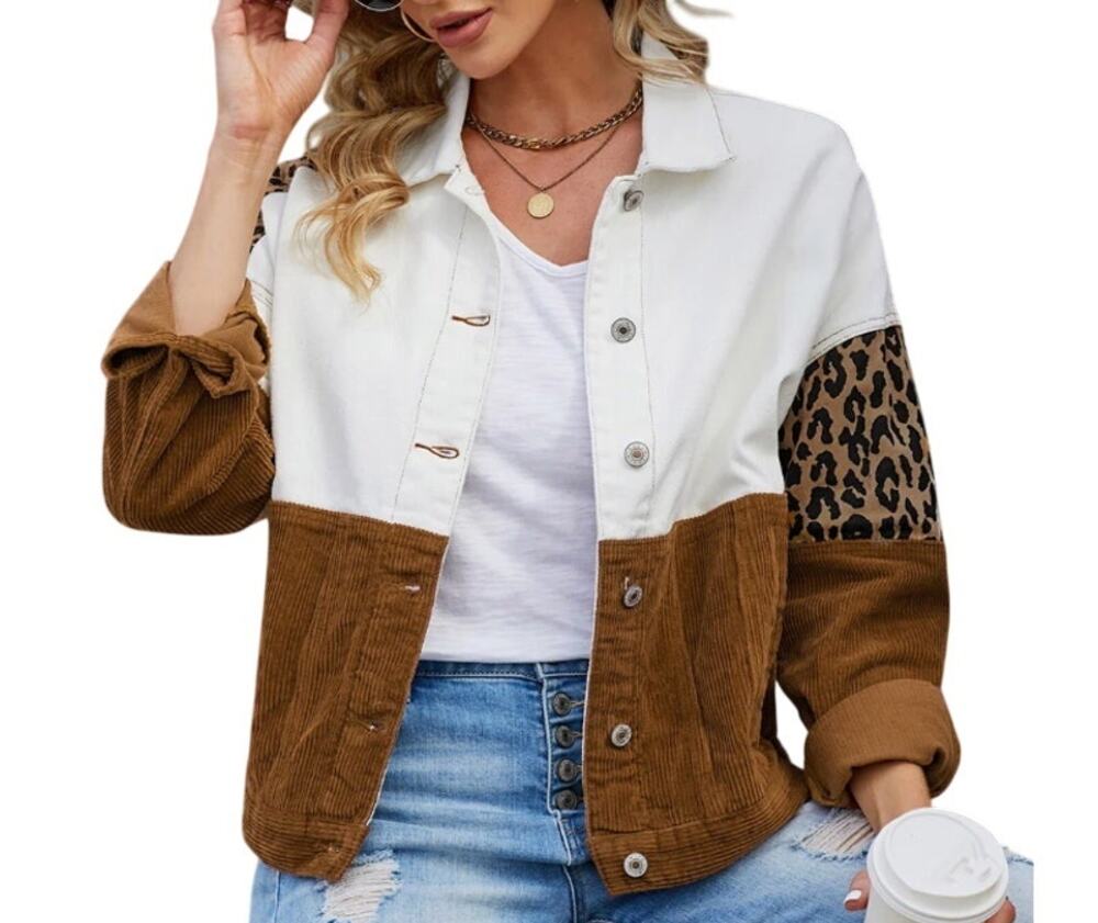 Umgee Color Block Corduroy Jacket Leopard Print Shacket Brown Size Medium